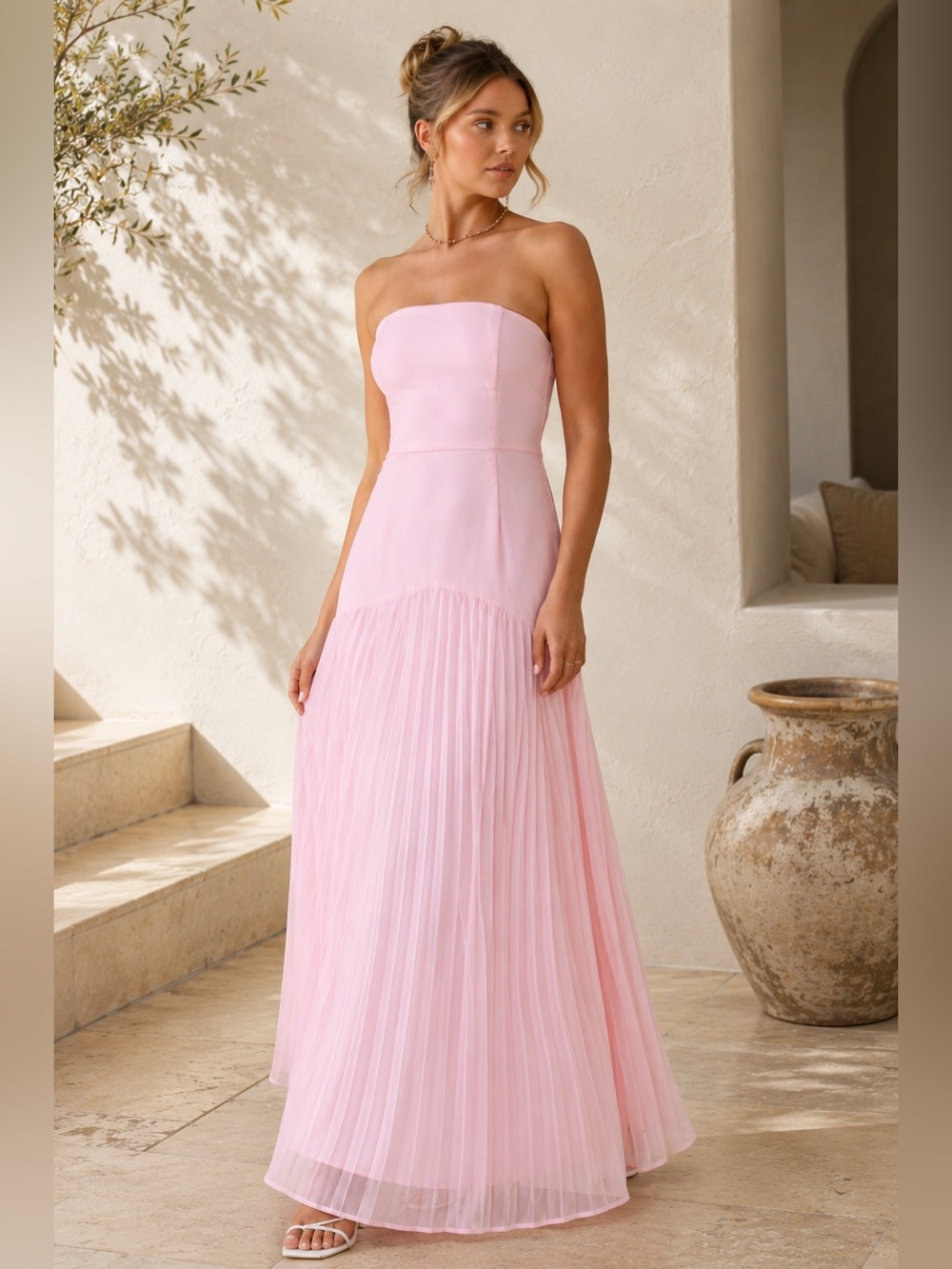 Lulu's Strapless Pink Pleated Maxi Dress